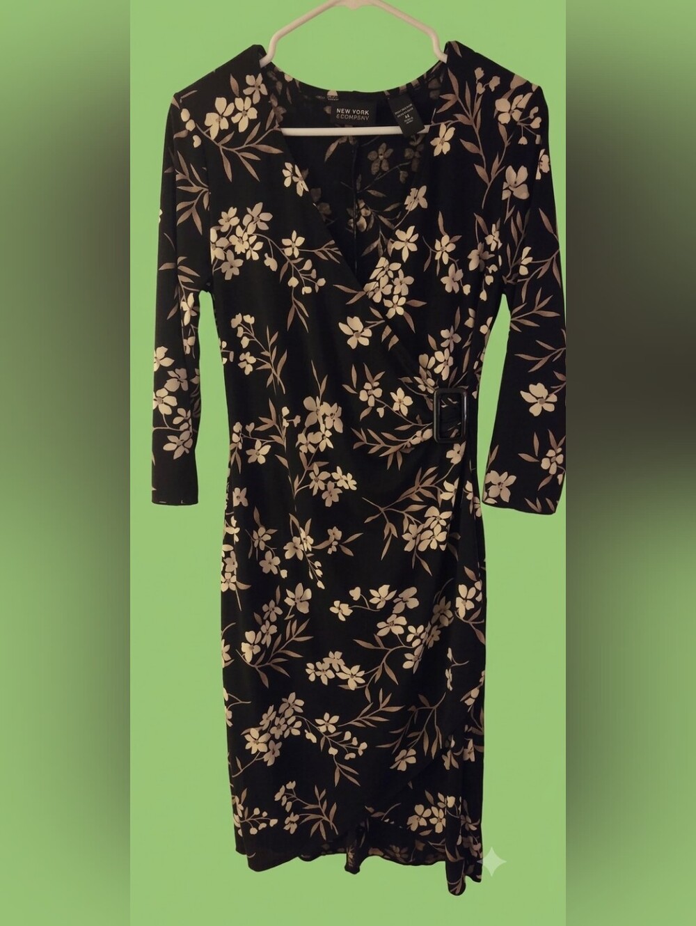 New York & Company Black Floral Wrap Dress with Buckle